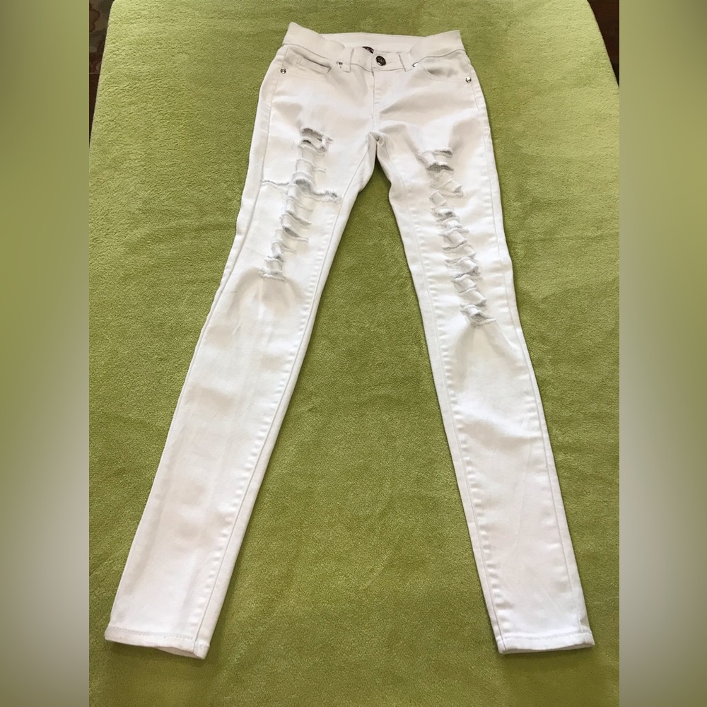 Ladies Stretch Legging Jegging Pants White Jean Distressed Denim 
XS Extra Small